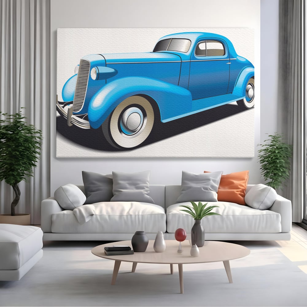 Tablou canvas cu ilustratie cu masina de epoca albastra, fara rama, pe sasiu de lemn, pe perete intr-un living